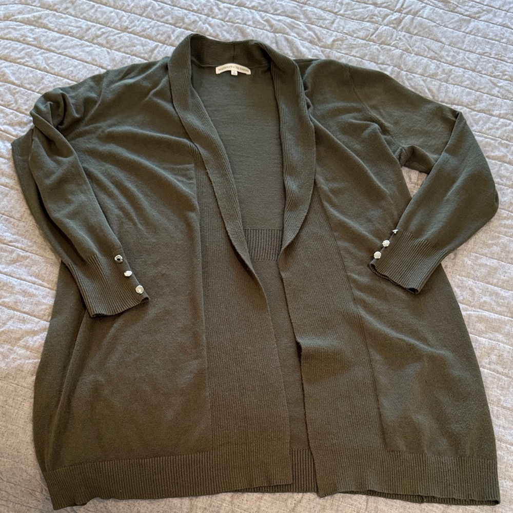 Long Open-Front Cardigan; olive green size large - Picture 2 of 11